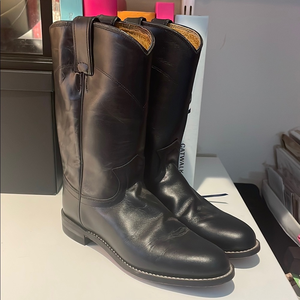 Justin Black Leather Roper Boots